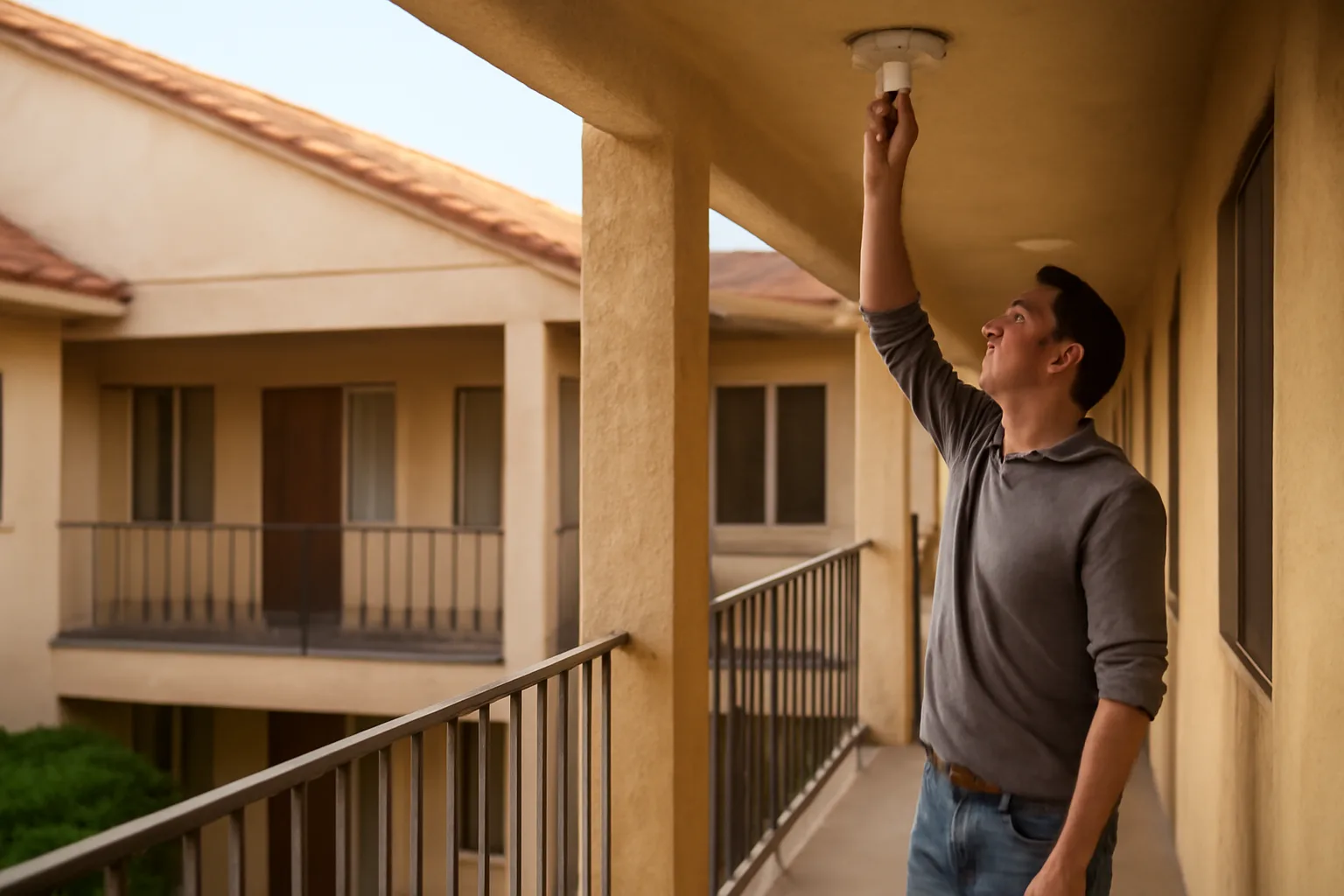 Landlord inspecting a smoke detector on an older LA County apartment building walkway