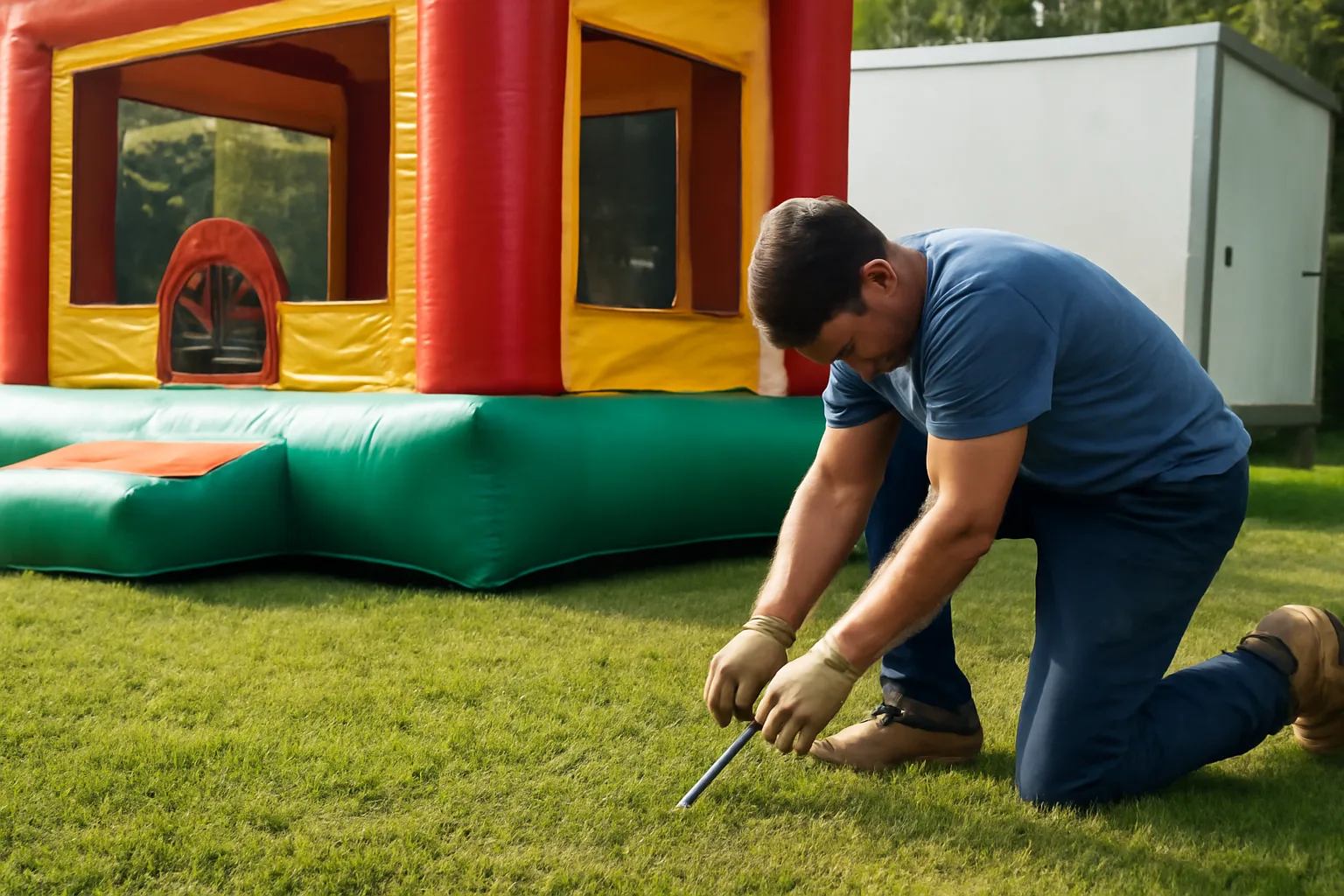 Worker anchoring an inflatable bounce house rental in a residential backyard