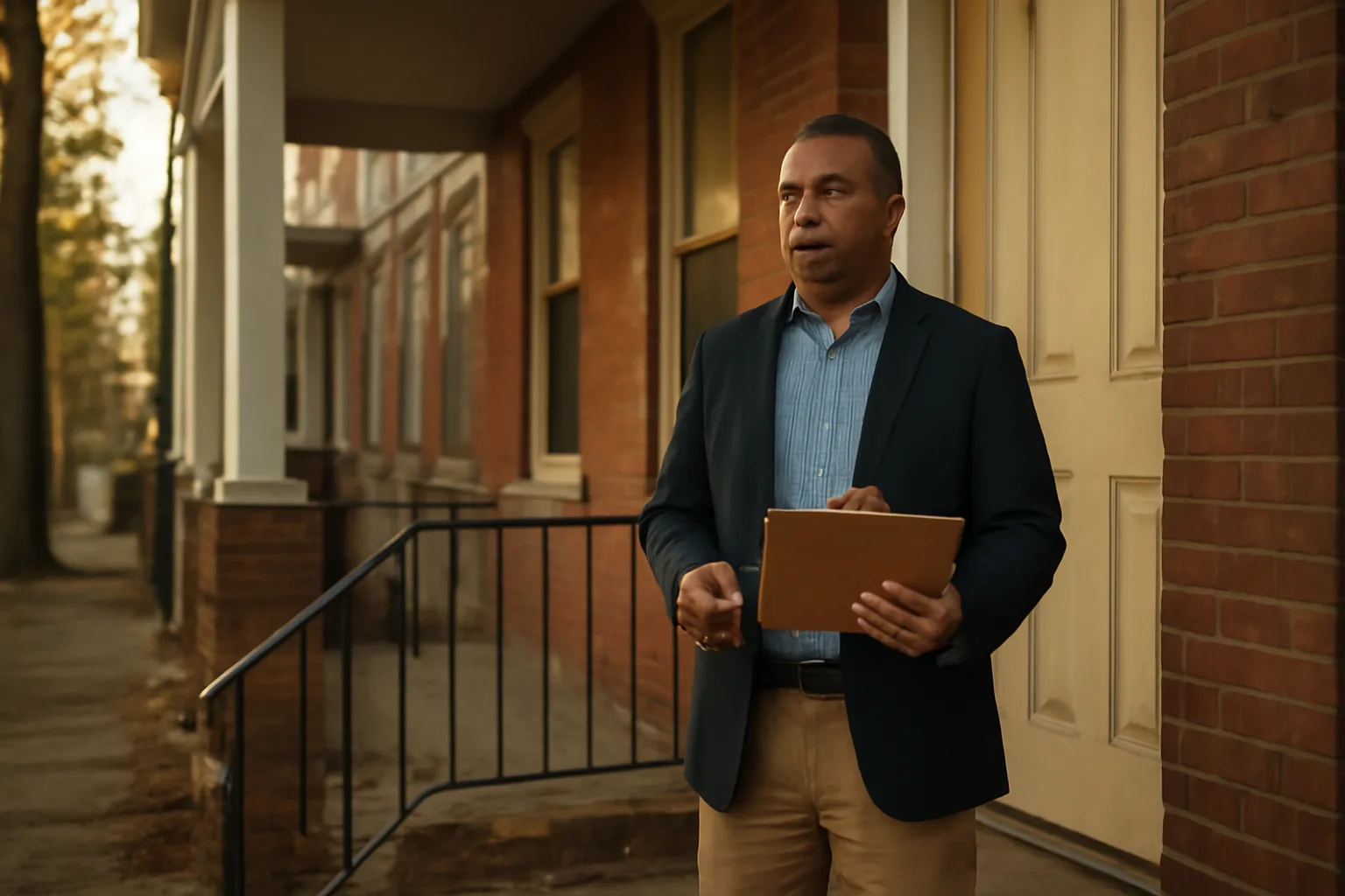 Landlord standing on a Philadelphia rowhouse porch holding keys and a clipboard