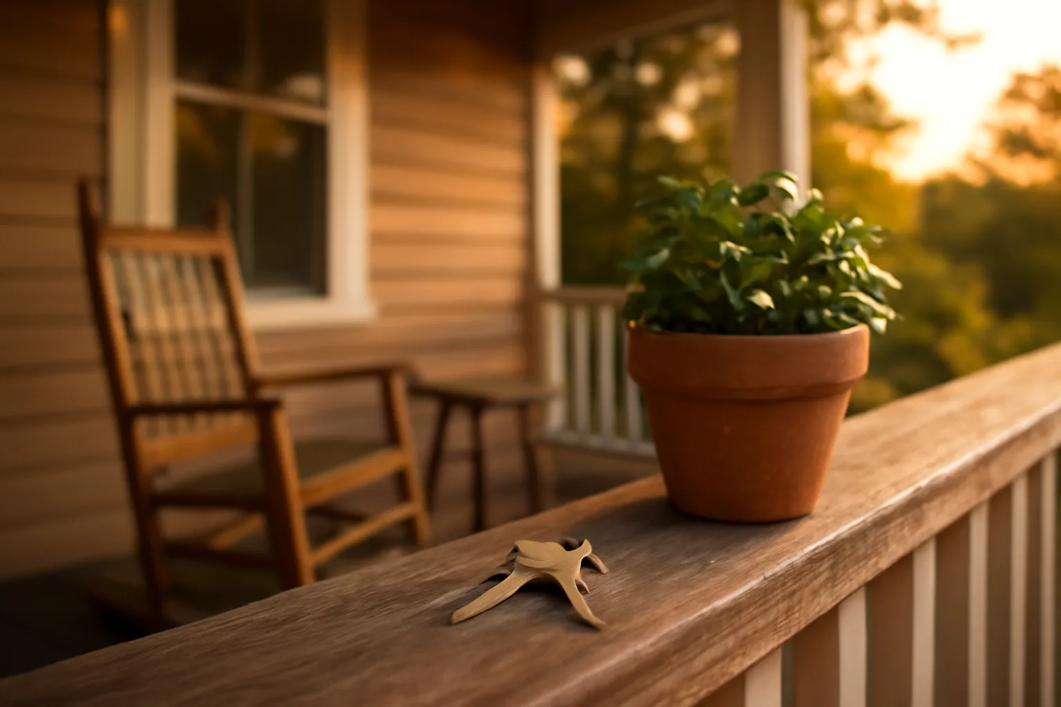 House keys on a porch railing outside a short-term rental cottage at dusk