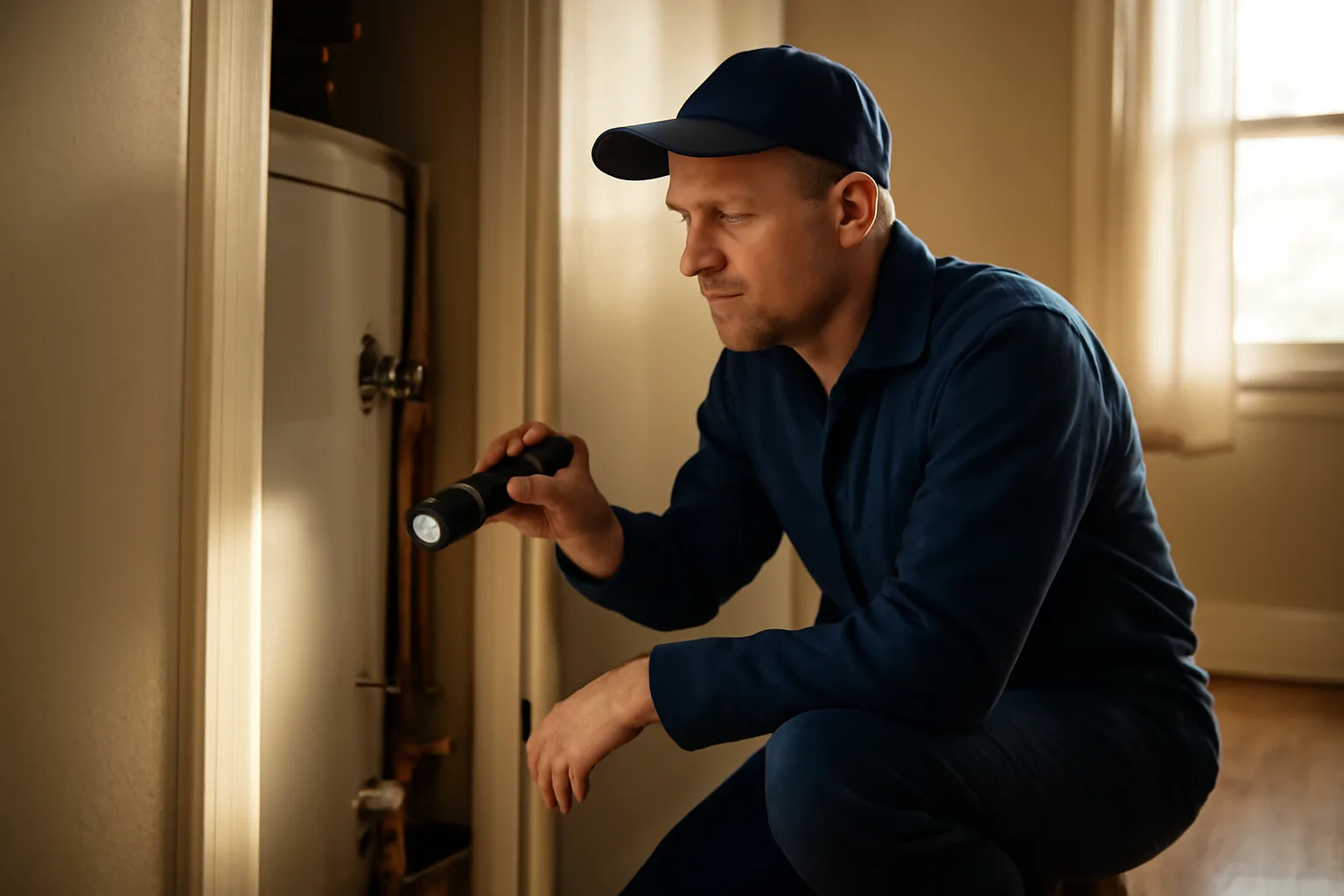 Landlord inspecting water heater pipes during a rental property inspection