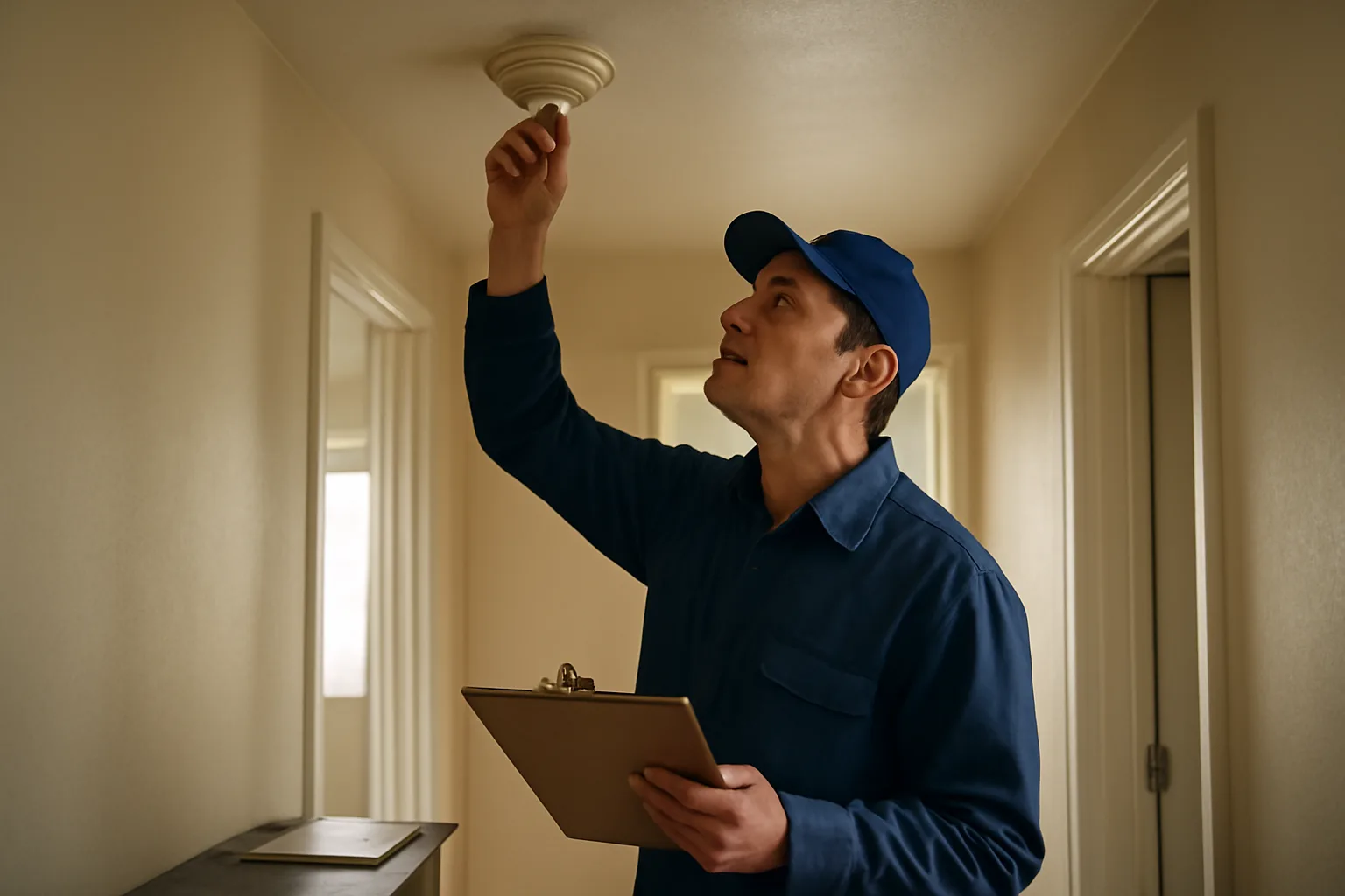 Landlord checking a smoke detector during an apartment inspection walk-through