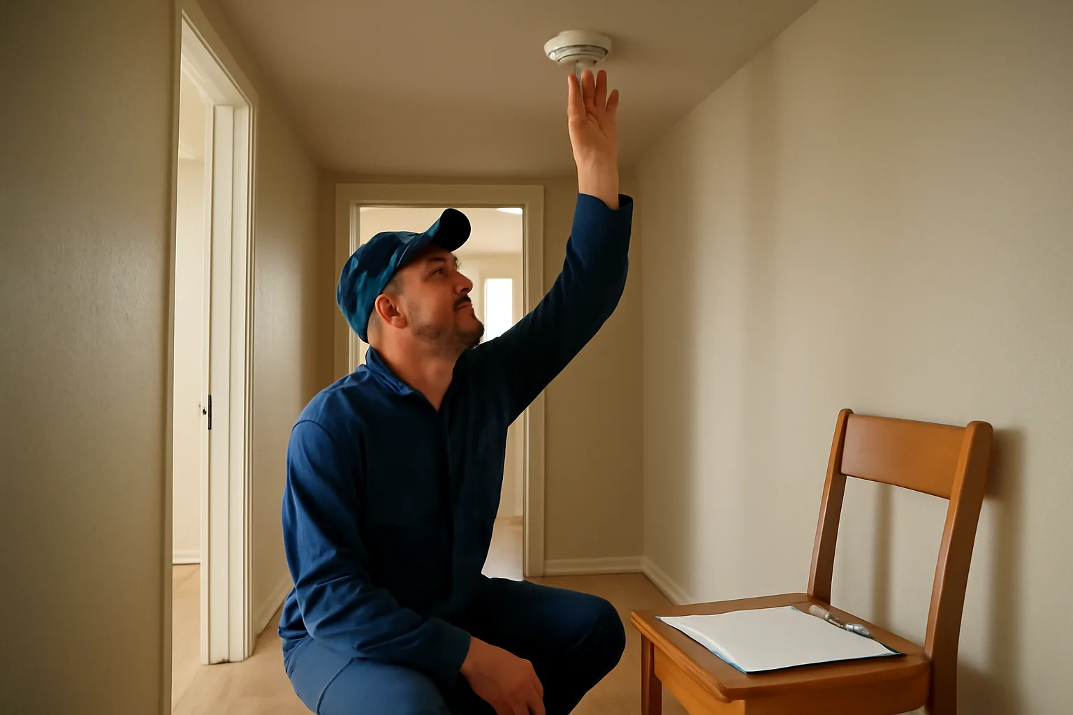 Landlord testing a smoke detector during an apartment rental inspection checklist walkthrough