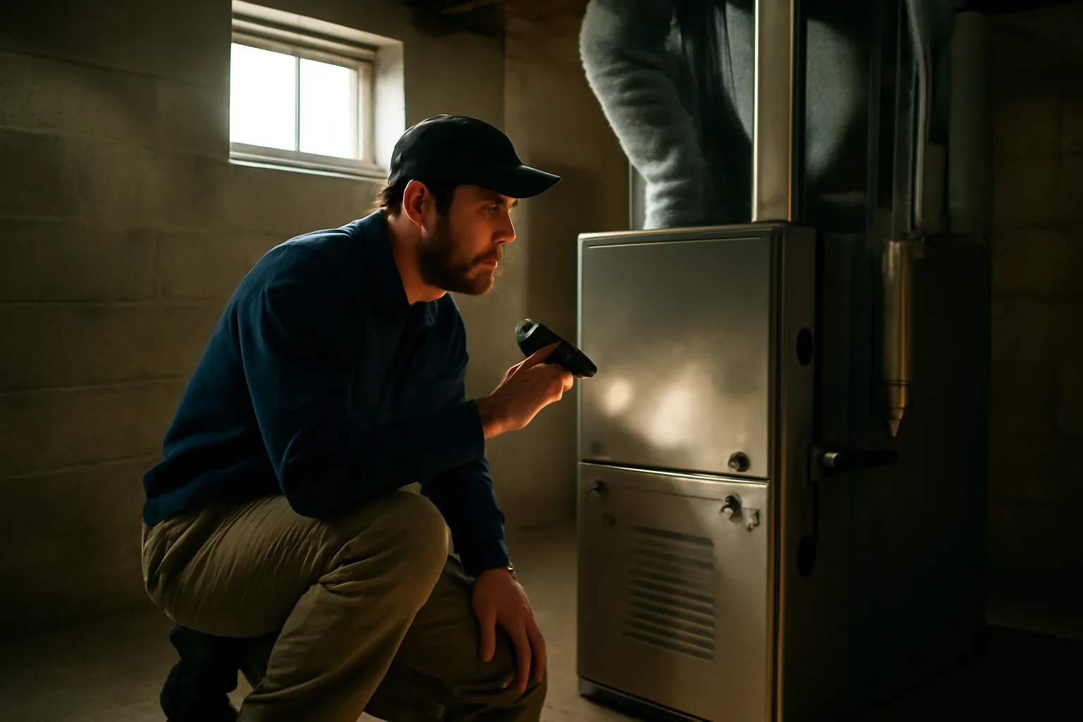 Home inspector examining a furnace in a rental property basement during an inspection