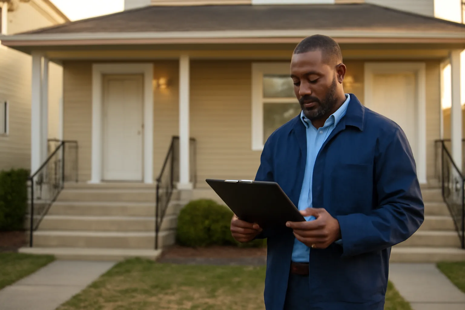 Landlord standing outside a rental duplex holding keys and a clipboard
