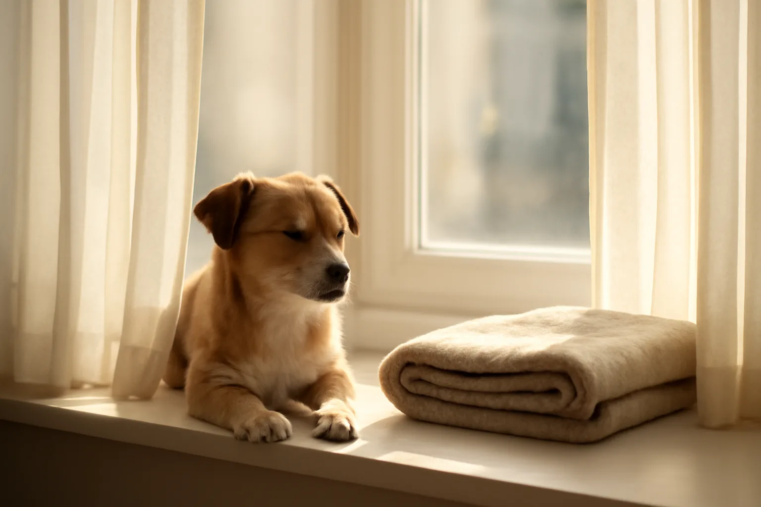 Small dog resting on an apartment windowsill in morning light