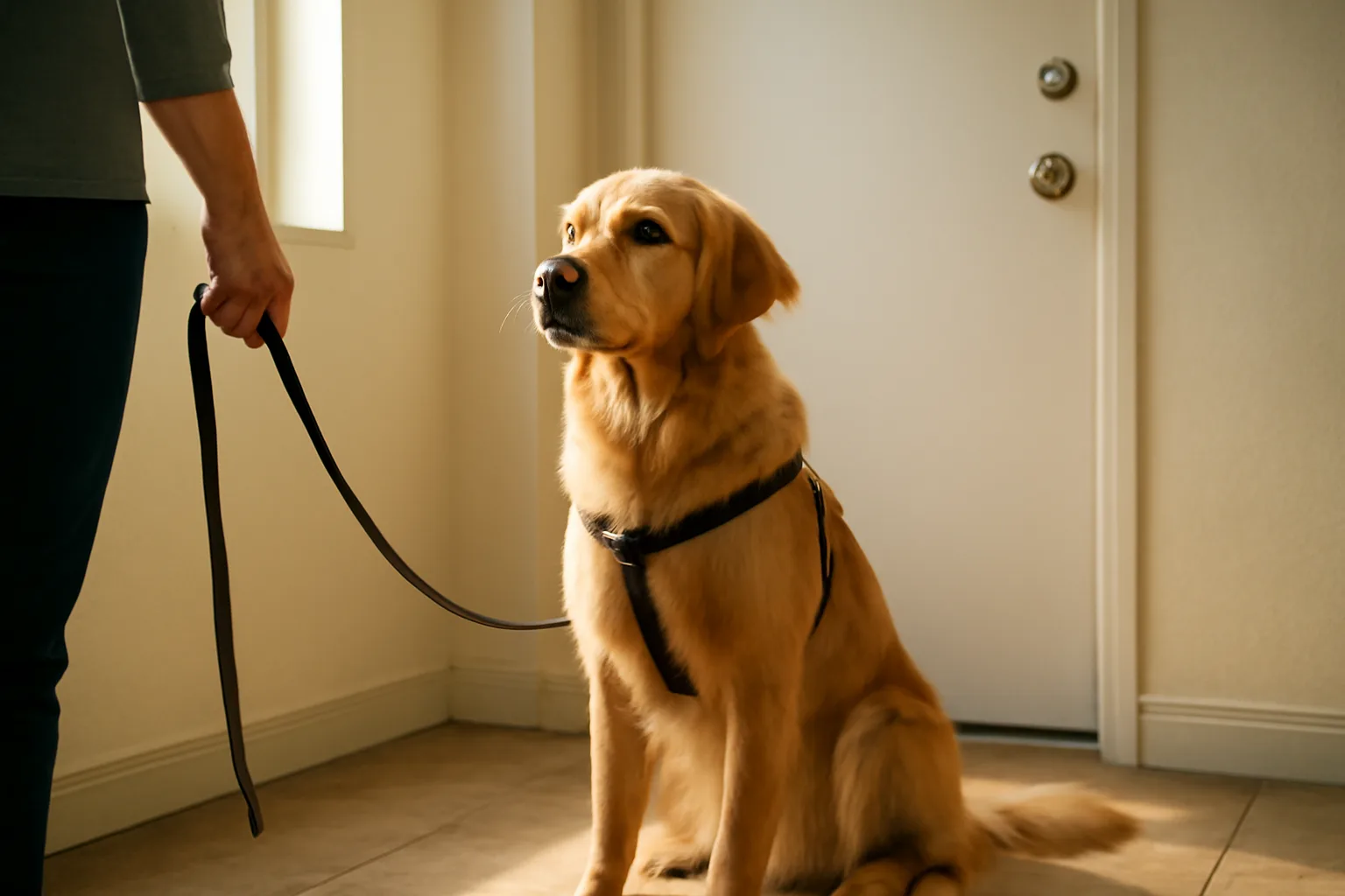 Service dog in harness sitting beside a tenant at an apartment doorway