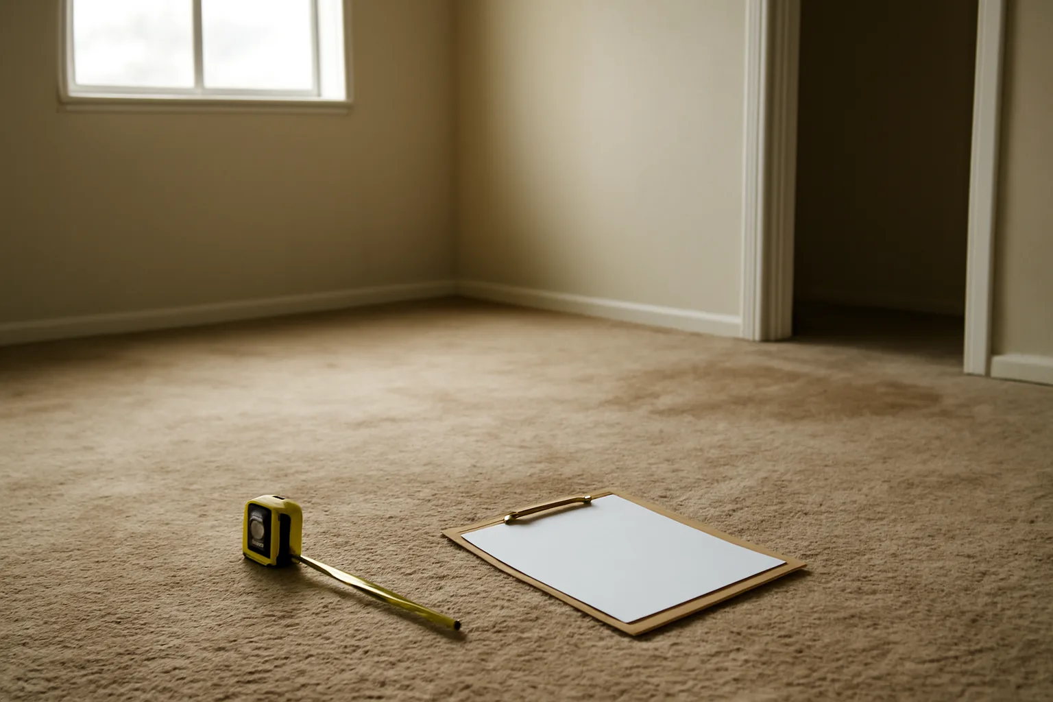 Worn carpet in an empty rental bedroom being inspected before a new tenant moves in