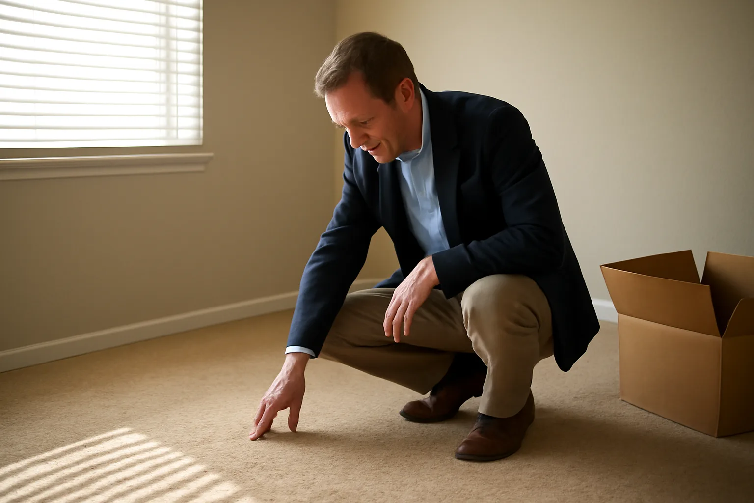 landlord inspecting worn carpet stain in an empty rental bedroom