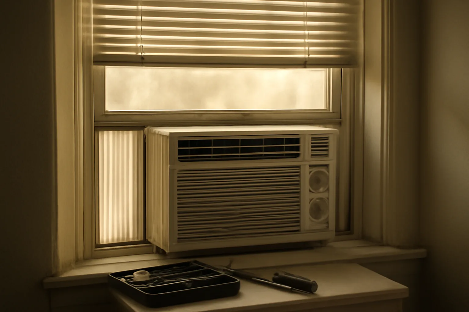 Window air conditioning unit in an apartment during a summer afternoon