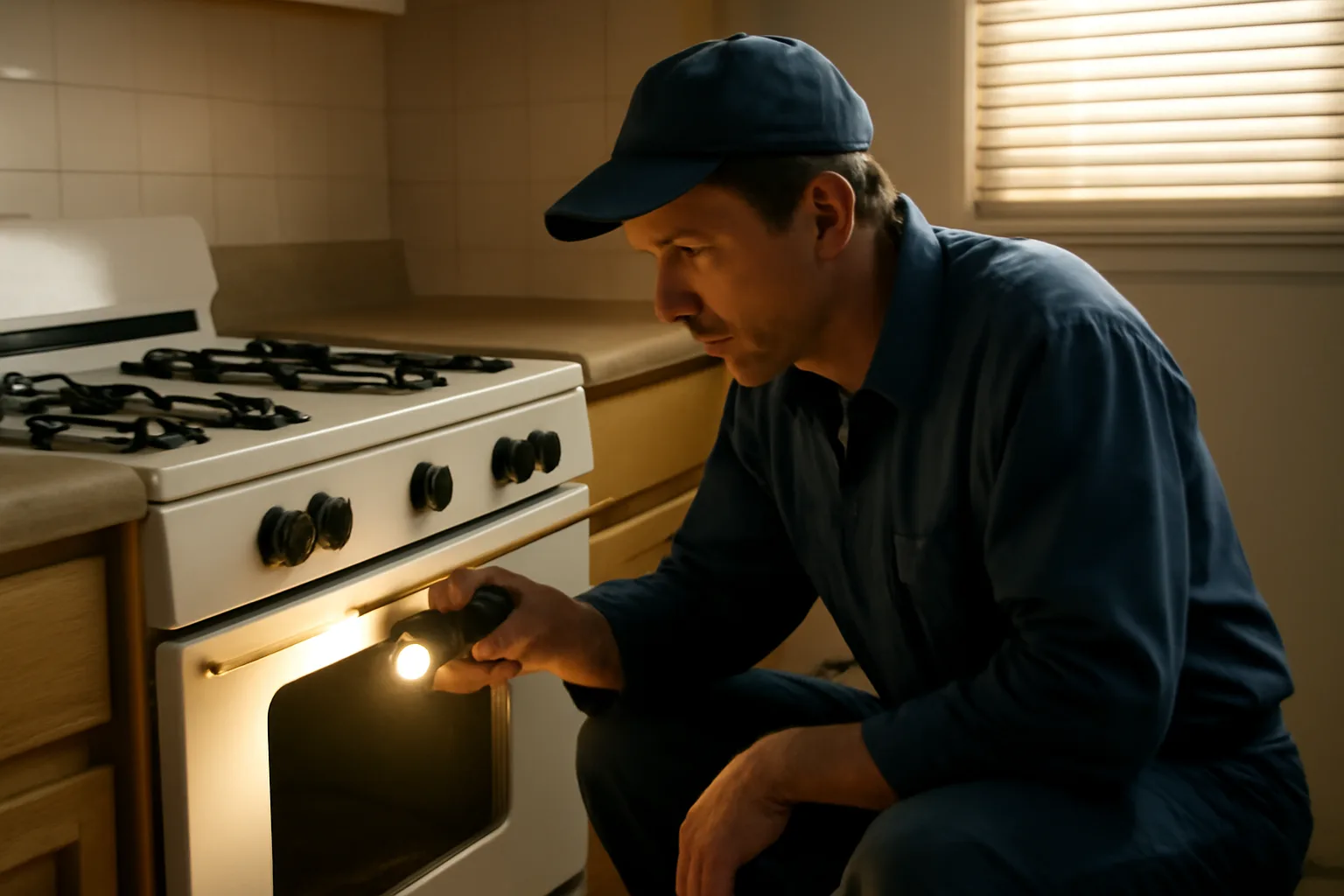 Landlord inspecting a kitchen stove burner during a rental unit repair check