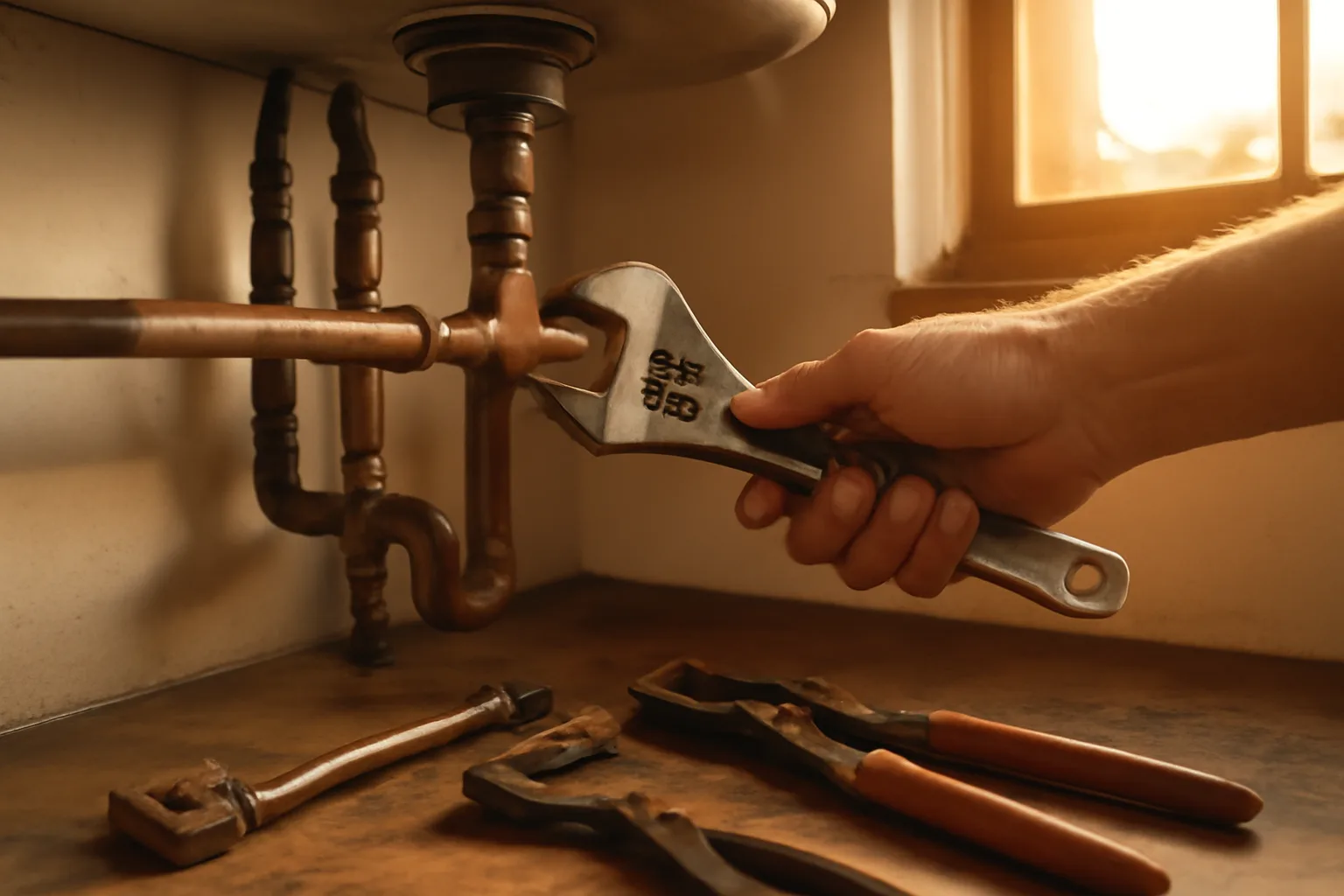 Plumber repairing pipes under a kitchen sink in a rental unit