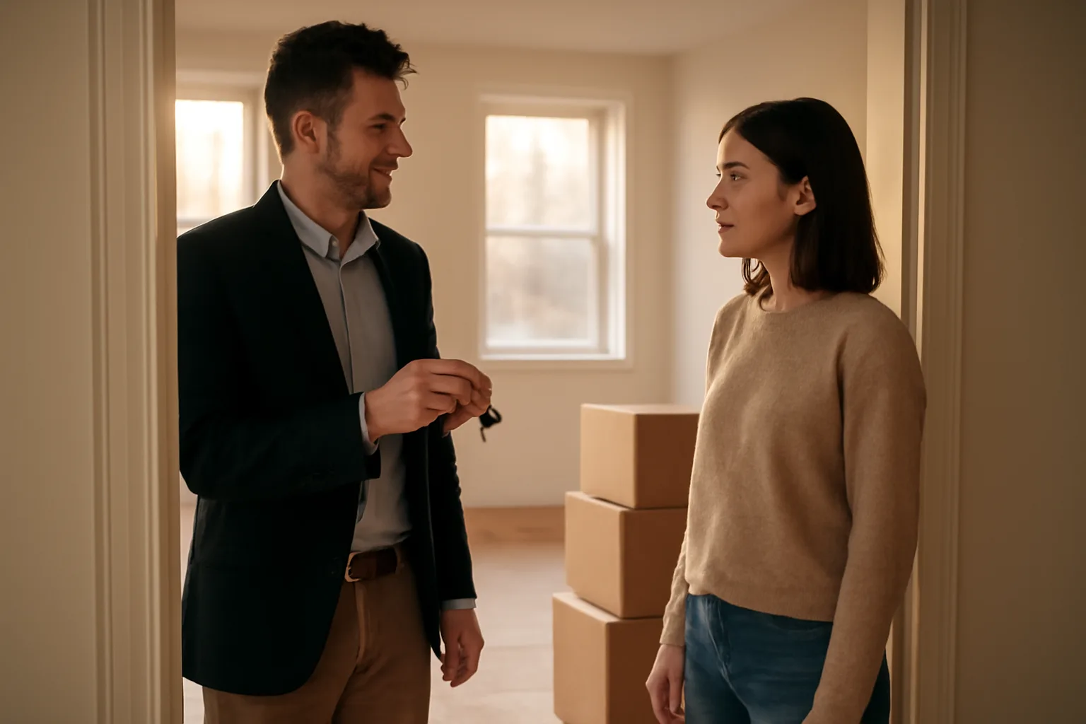 Landlord and tenant during a move-out walkthrough discussing the security deposit