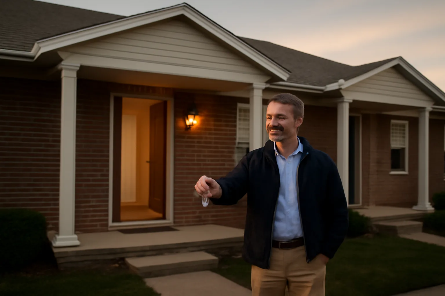 Landlord standing in doorway of a small rental duplex handing over keys at dusk