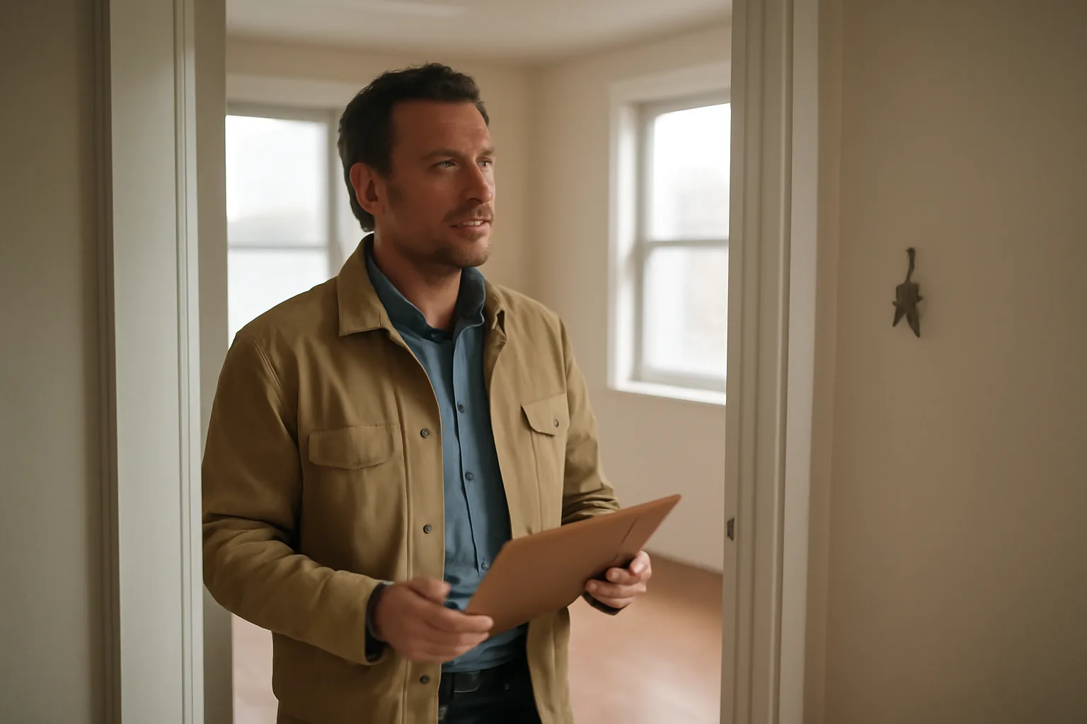 Landlord standing in an empty apartment doorway during a rental inspection walk-through