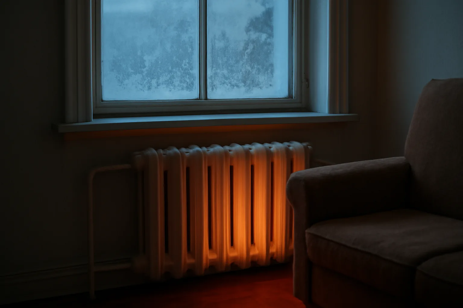 Cast iron radiator warming an NYC apartment window during winter heat season