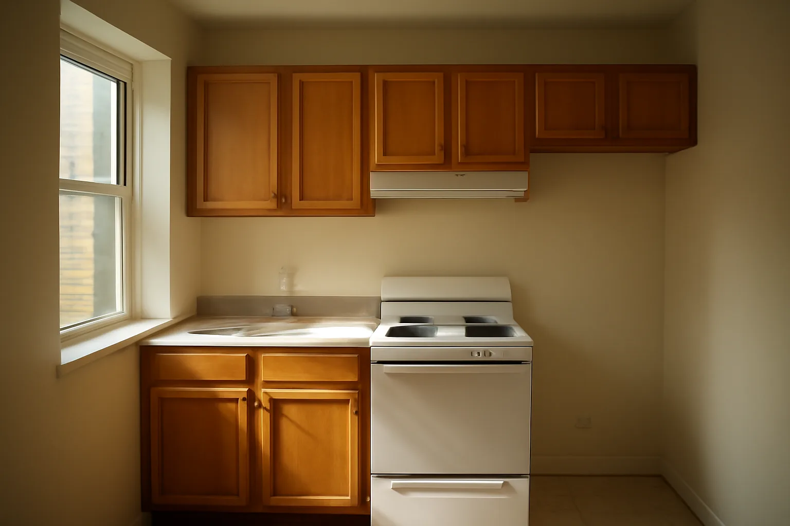 Empty apartment kitchen counter and open appliance space where a refrigerator would go