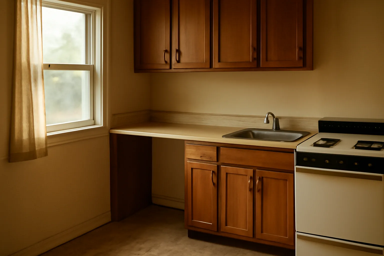 empty kitchen counter space in a rental unit missing a refrigerator
