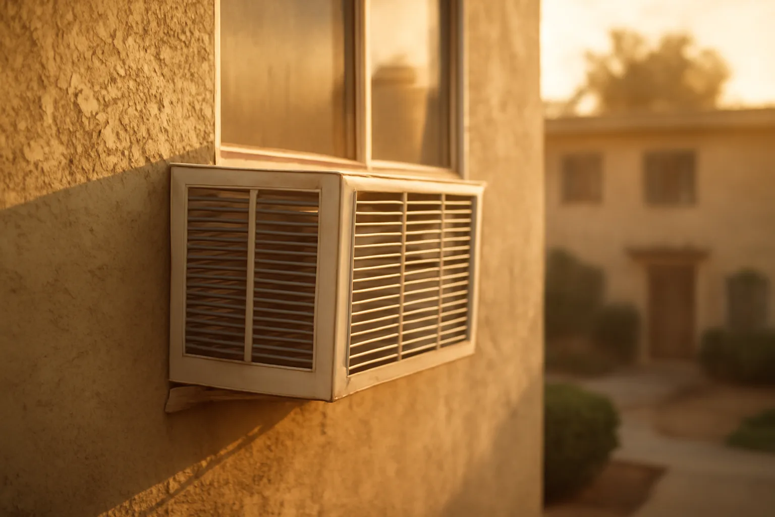 Window air conditioning unit installed in a California apartment building wall