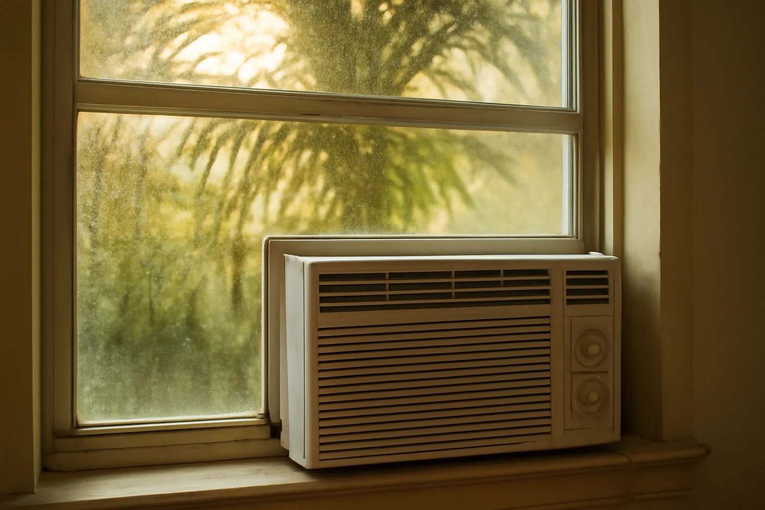Window air conditioning unit in a Florida rental apartment window