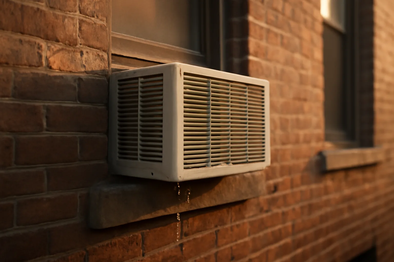 Window air conditioning unit in a brick Illinois apartment building facade