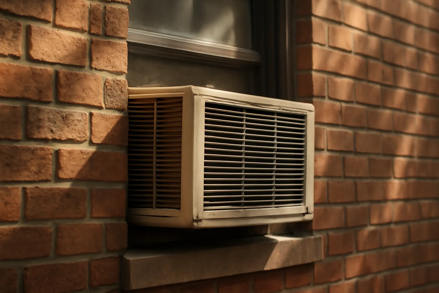 Window air conditioning unit installed in a brick apartment building in summer