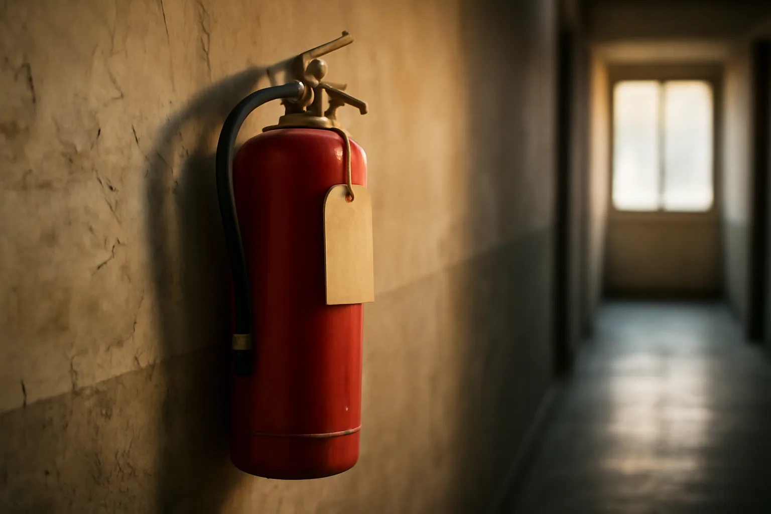 Fire extinguisher mounted in an apartment building common hallway near stairwell