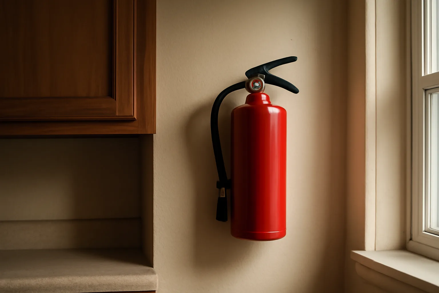 Fire extinguisher mounted on kitchen wall in an Ohio rental apartment