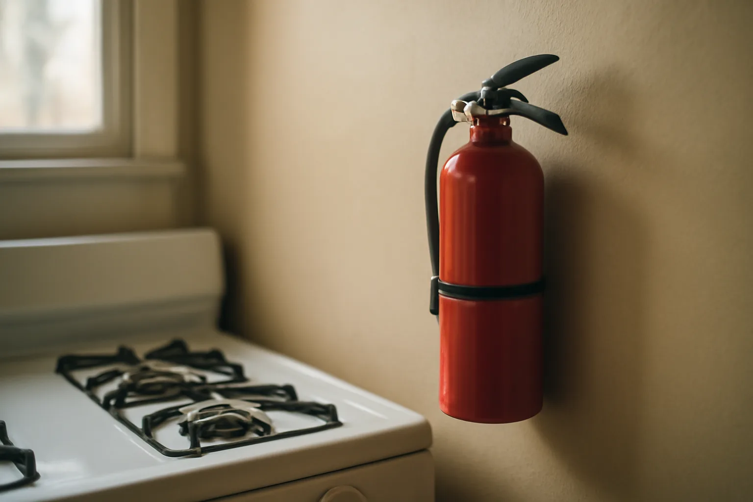 Wall-mounted fire extinguisher in a Pennsylvania rental apartment kitchen