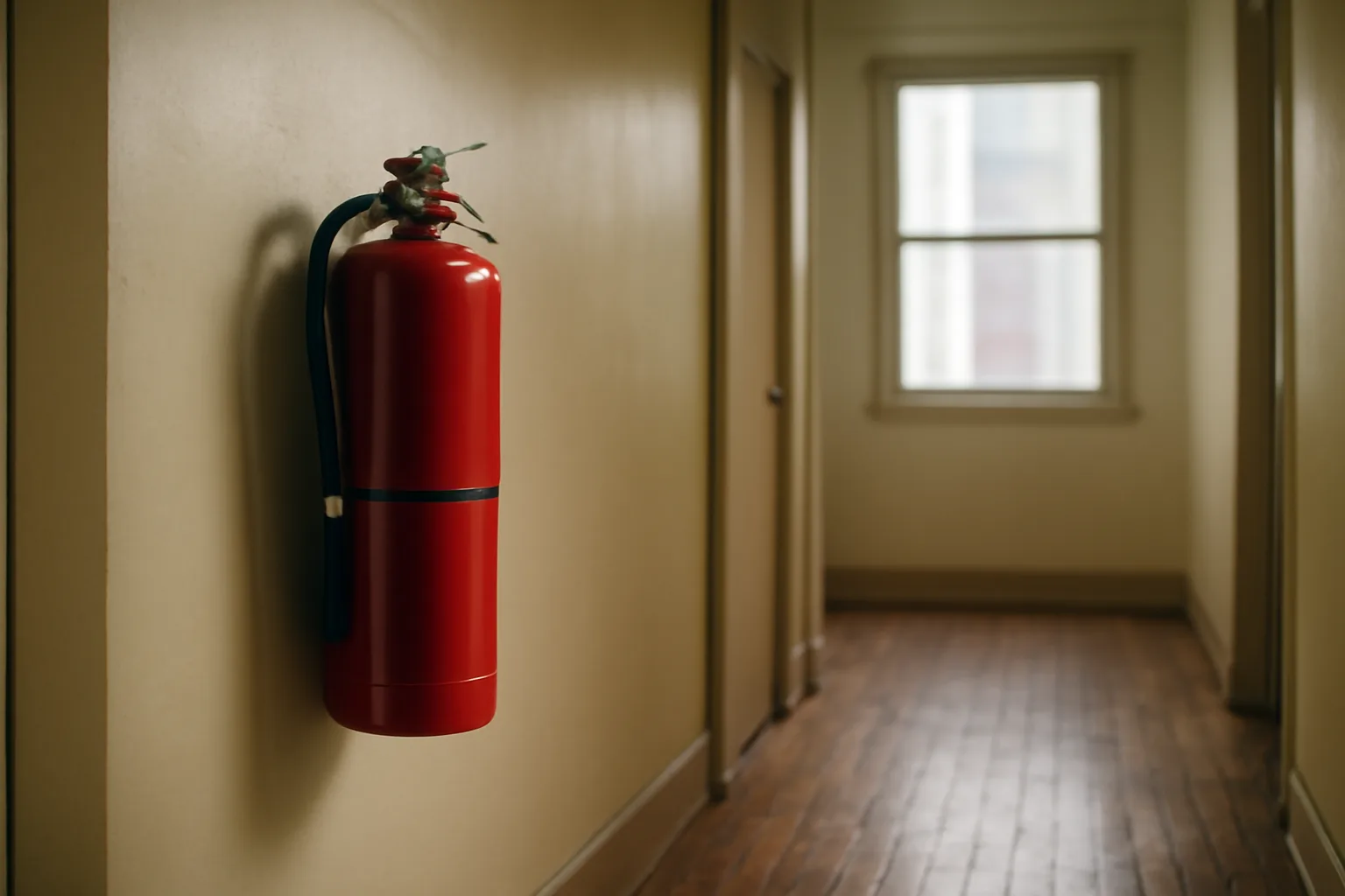 Fire extinguisher mounted in a rental apartment building hallway in Virginia