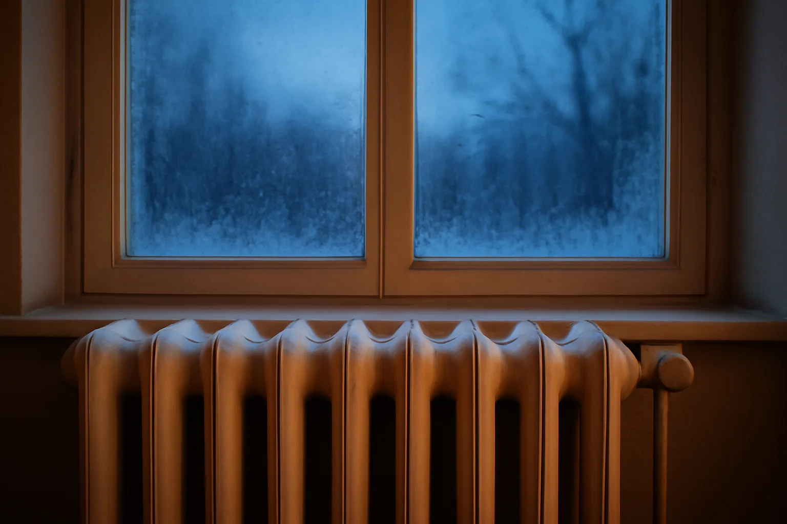 Steam radiator by a frosted NYC apartment window illustrating landlord heat requirements
