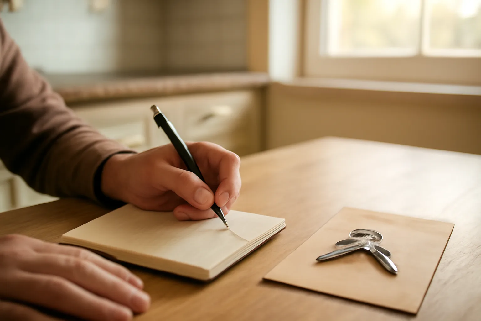 Landlord writing a handwritten record at a table with cash and keys nearby