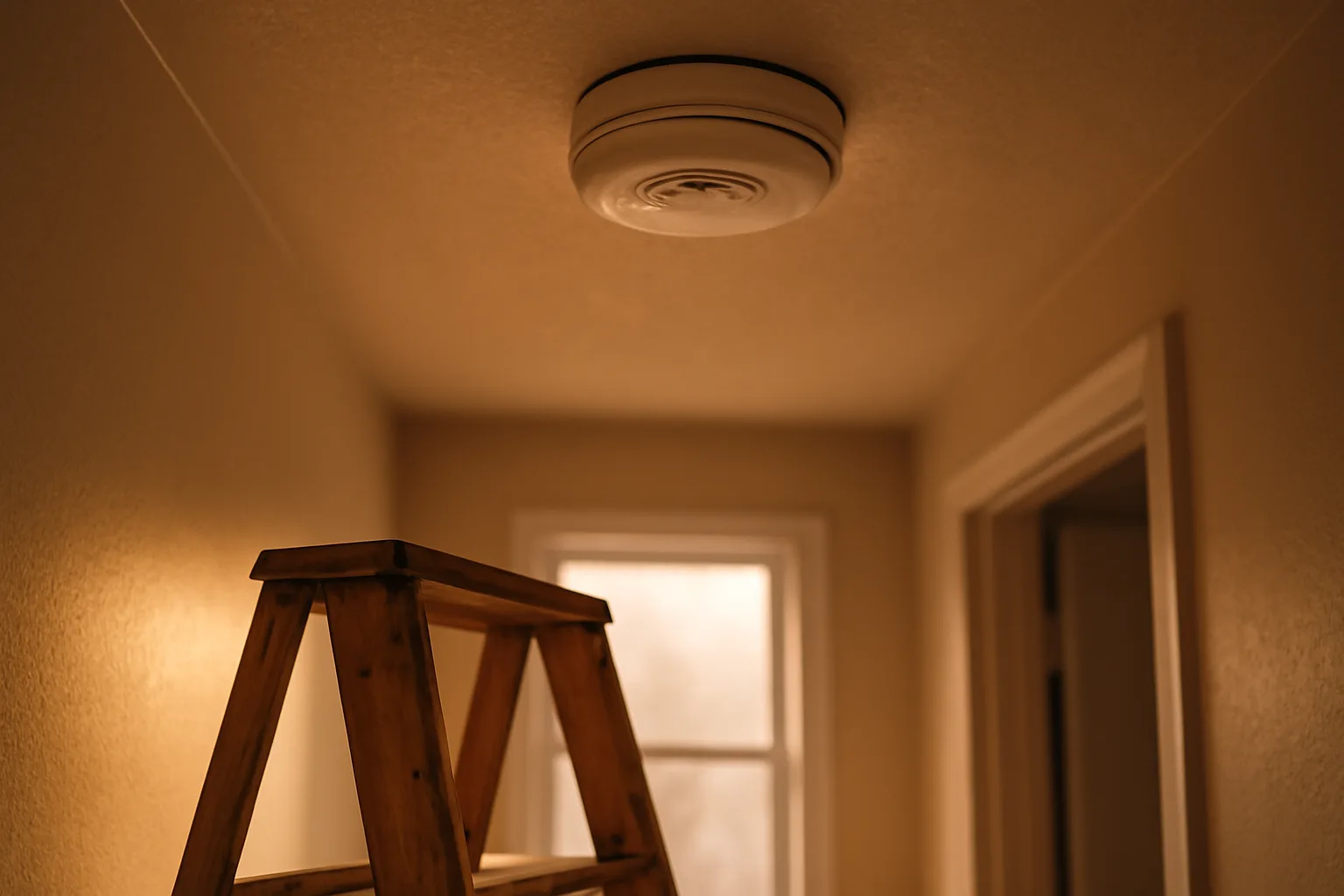 Smoke detector mounted on an apartment ceiling with a stepladder nearby