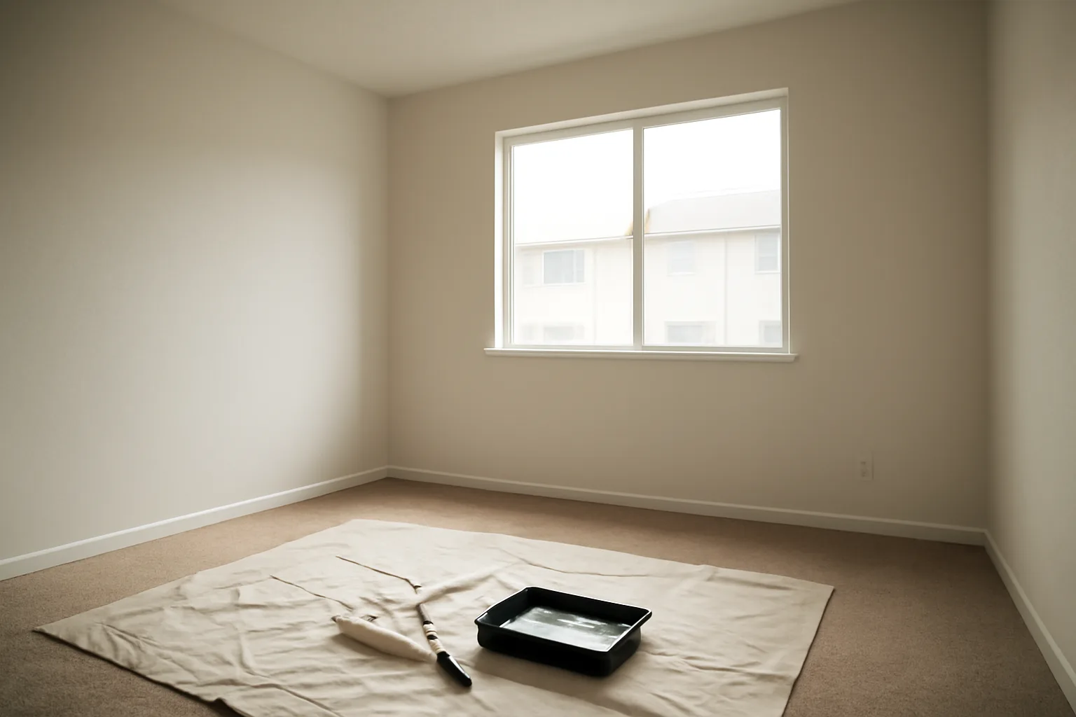 Empty apartment bedroom mid-repaint with roller and drop cloth on floor