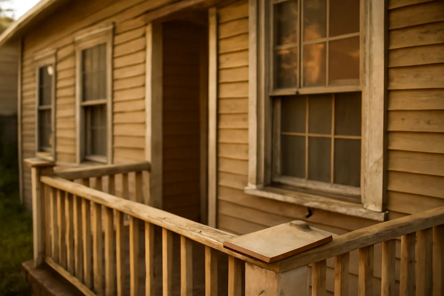 Older rental duplex exterior with peeling window trim paint in late afternoon light