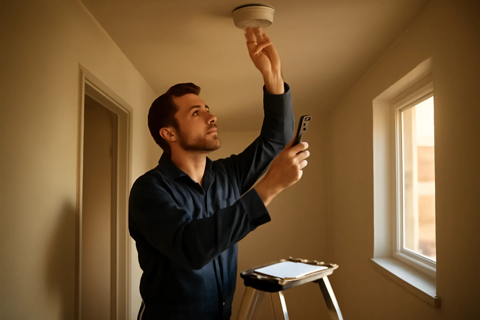 Landlord using a smartphone to document a smoke detector during a rental property inspection