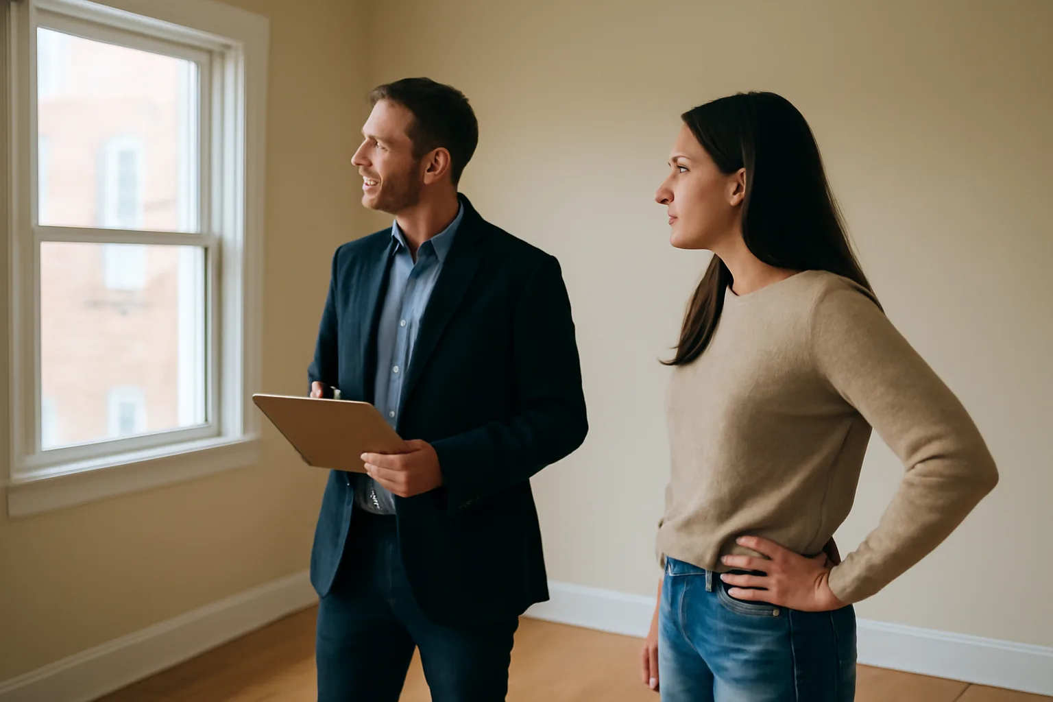 Landlord and tenant conducting a walk-through inspection in an empty California rental unit