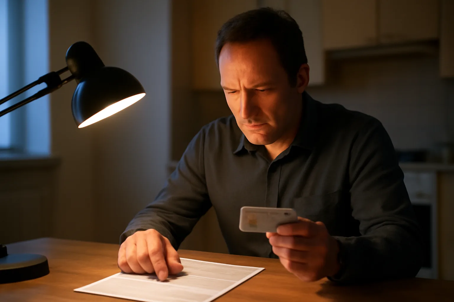 Landlord reviewing a rental application and ID card at a kitchen table