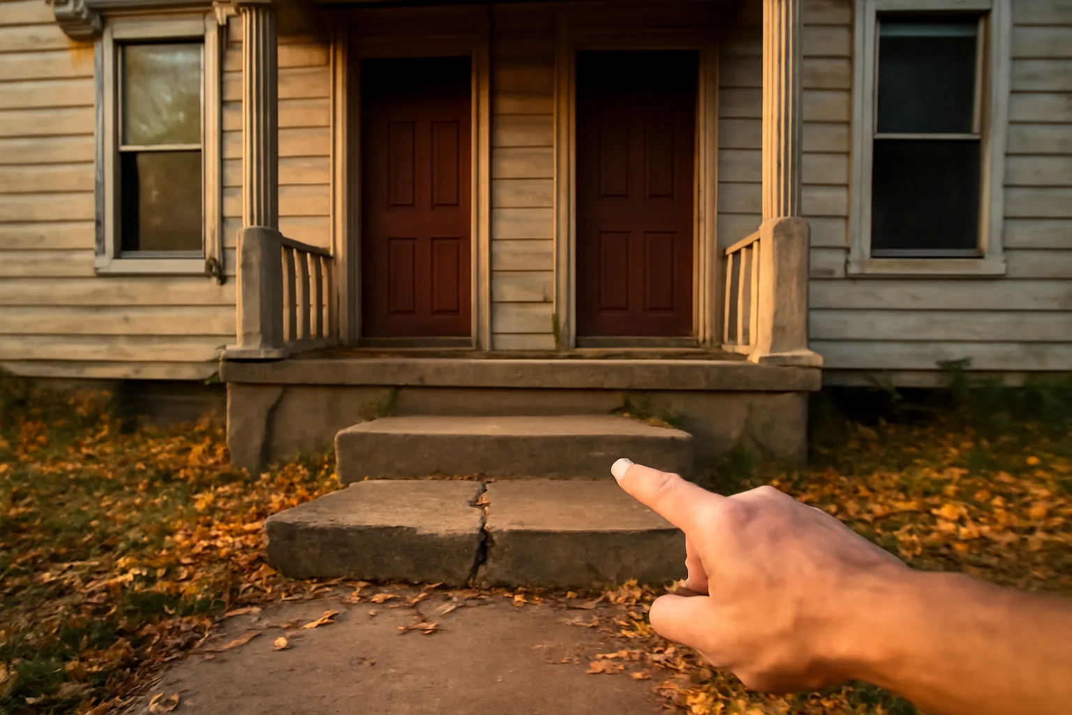 Landlord and city inspector examining exterior steps of a rental duplex
