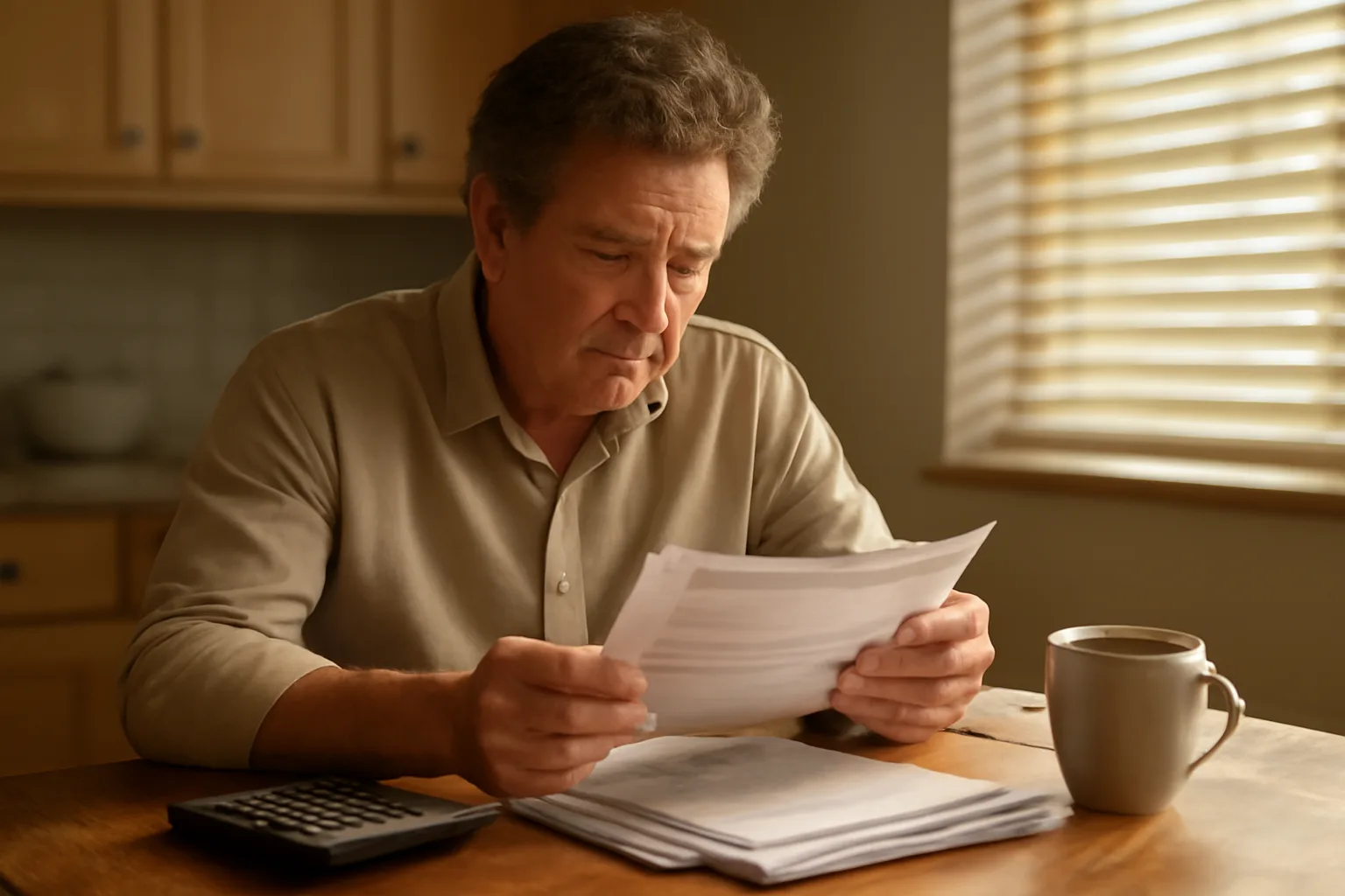 Landlord reviewing income documents at a table while evaluating a rental applicant