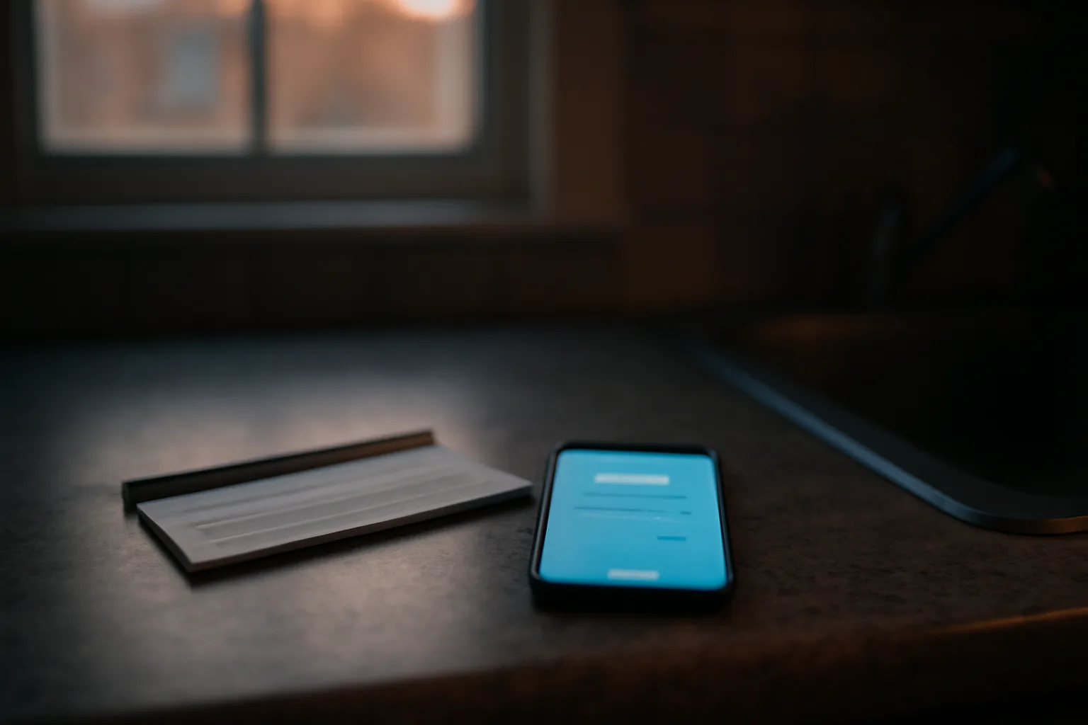 Smartphone and paper checkbook side by side on a kitchen counter representing rent autopay options