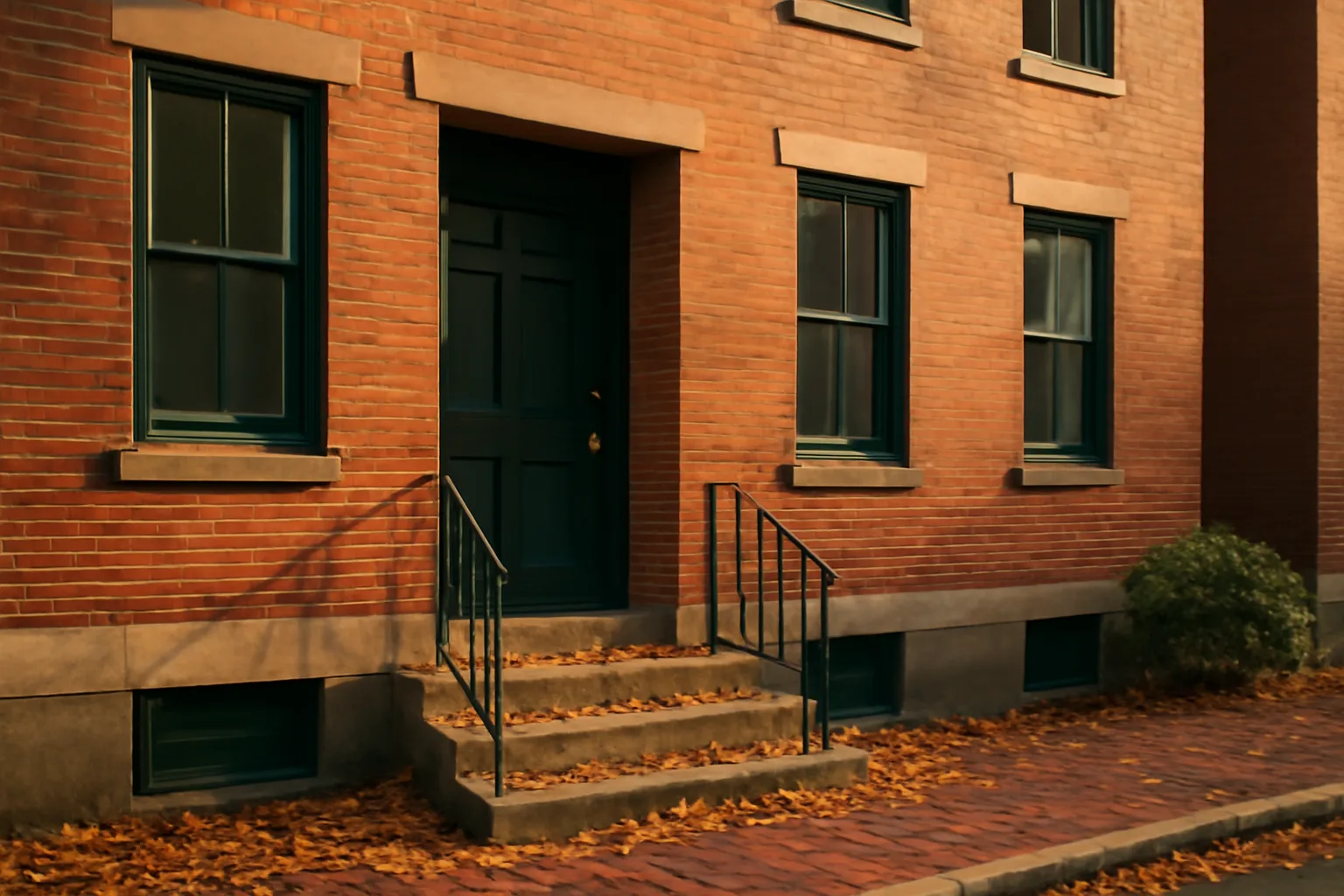 Brick New England rental apartment building exterior in autumn afternoon light