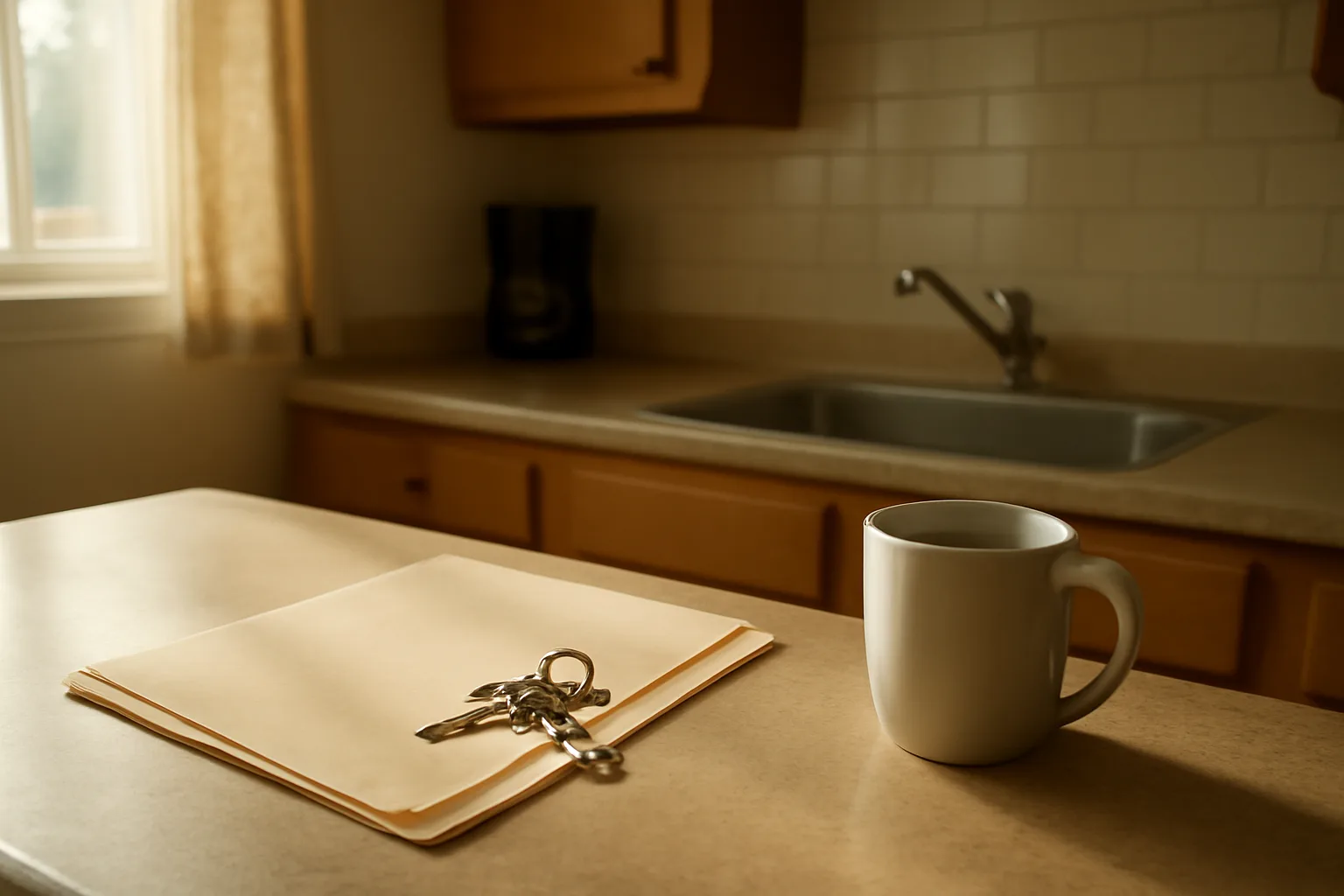 Apartment kitchen counter with keys and documents, symbolizing renters insurance and lease requirements