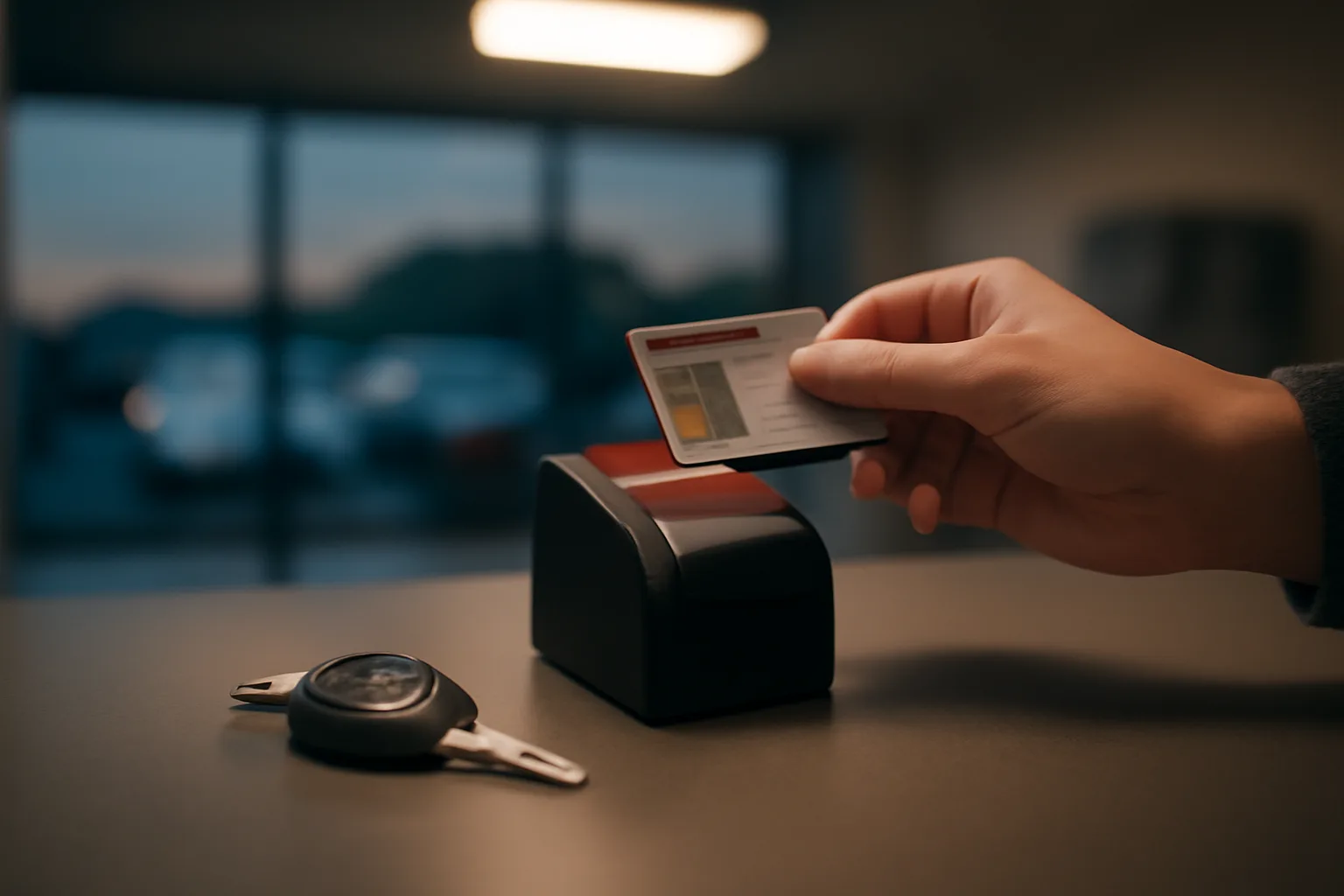 Rental car agent checking a driver's license at the counter to see if it is suspended