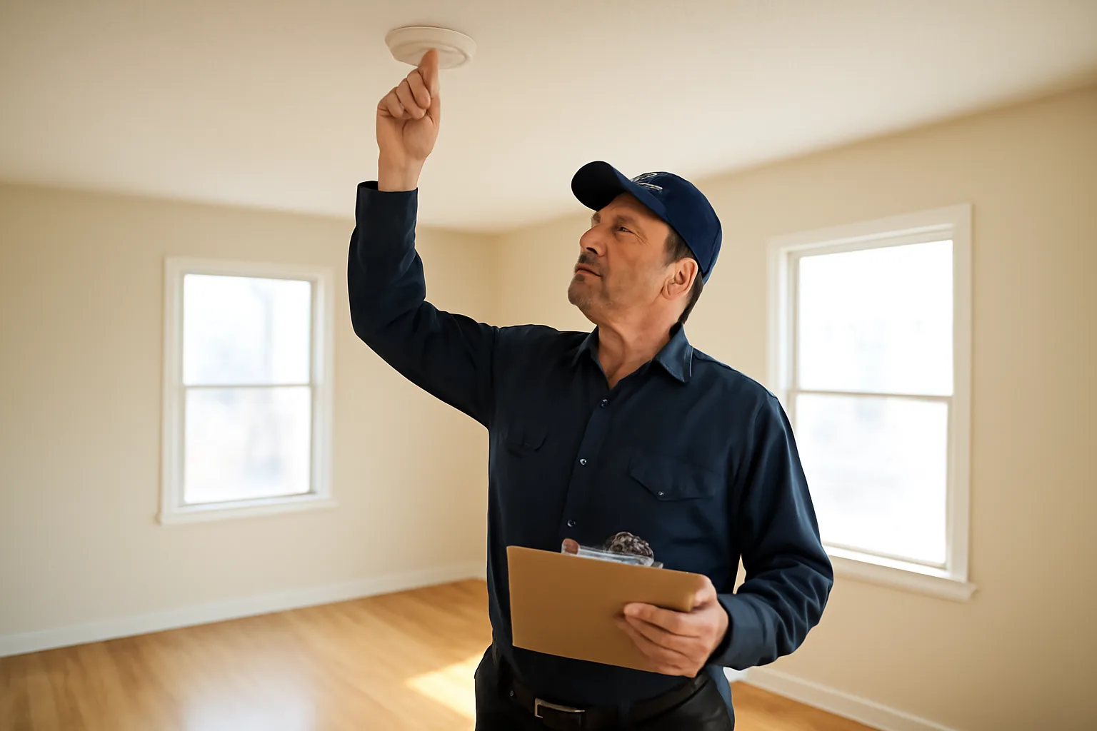 Landlord inspecting a smoke detector in an empty sunlit rental unit