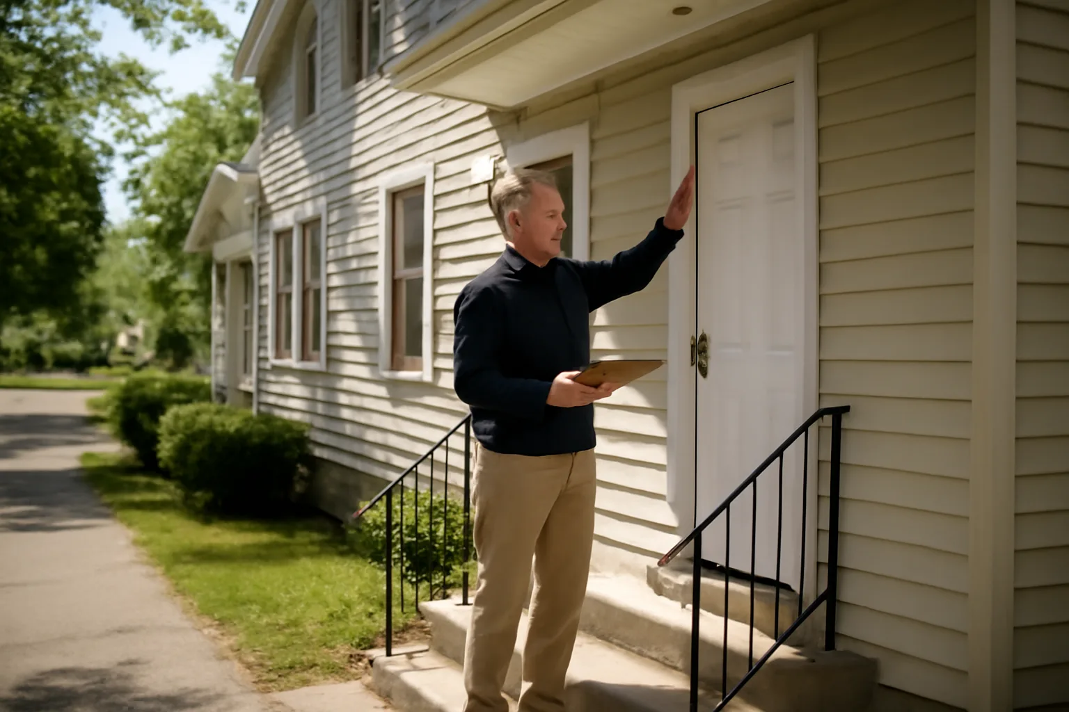 Landlord inspecting a rental duplex exterior and smoke detector during a routine walkthrough