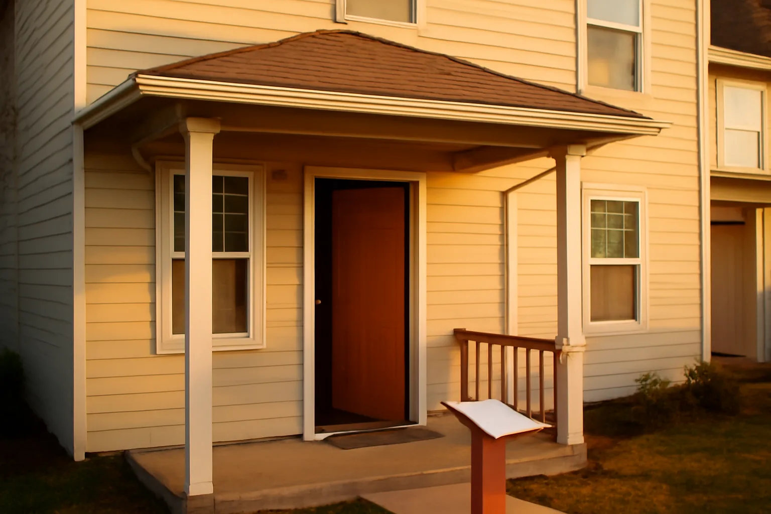 Duplex rental property exterior with clipboard on porch railing at golden hour