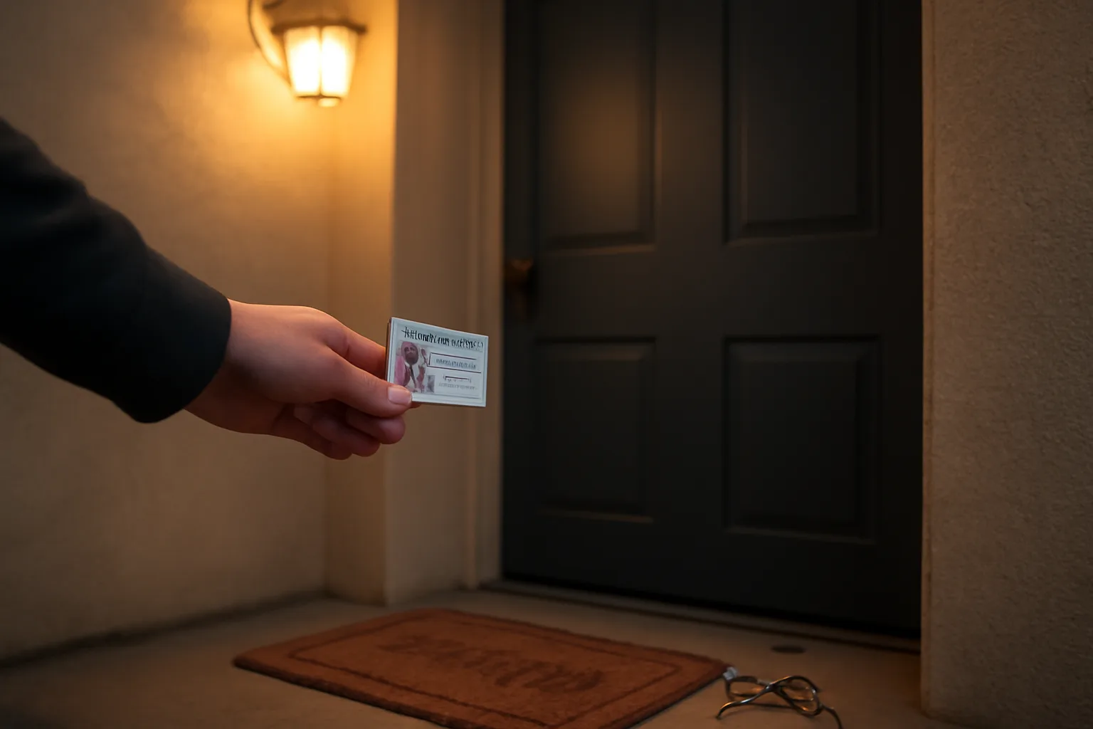 Hand holding an ID card near an apartment entrance at dusk
