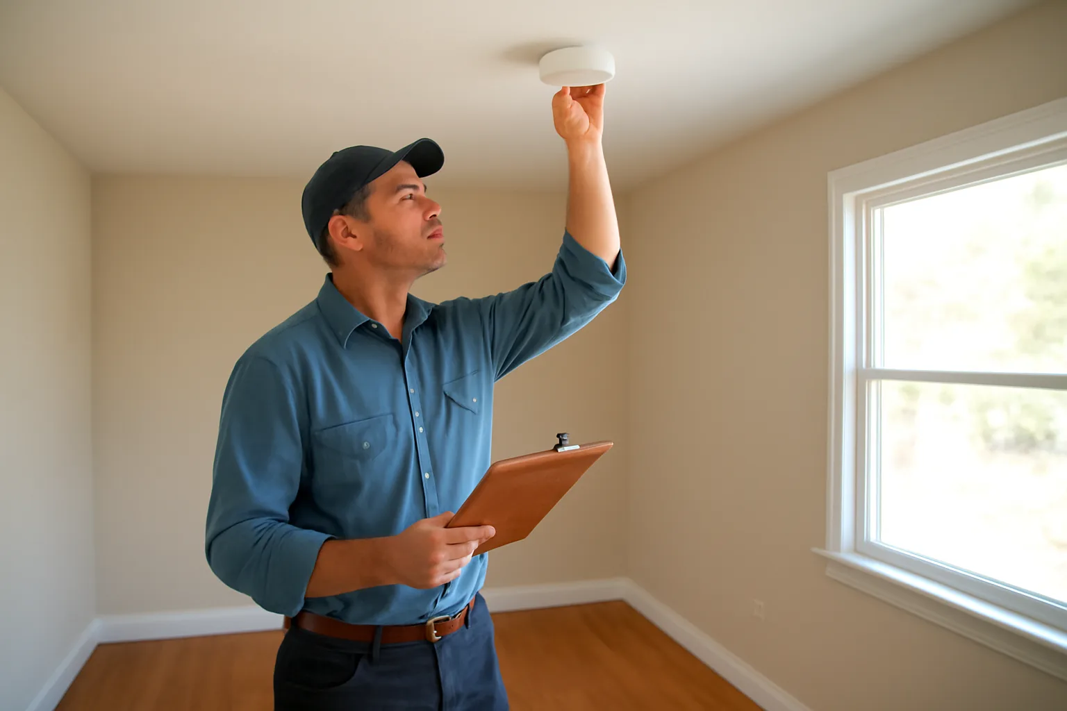 Landlord inspecting a smoke detector in an empty sunlit rental unit