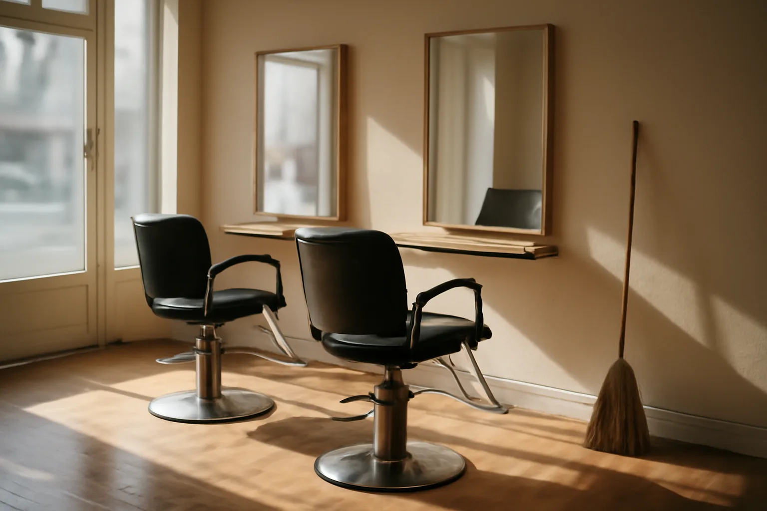 empty salon styling chairs lit by morning window light, booth rental setup